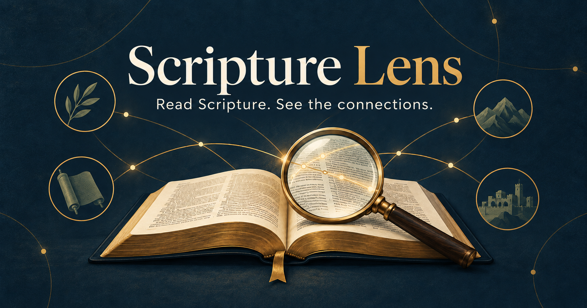 An open Bible under a magnifying glass with connected study themes